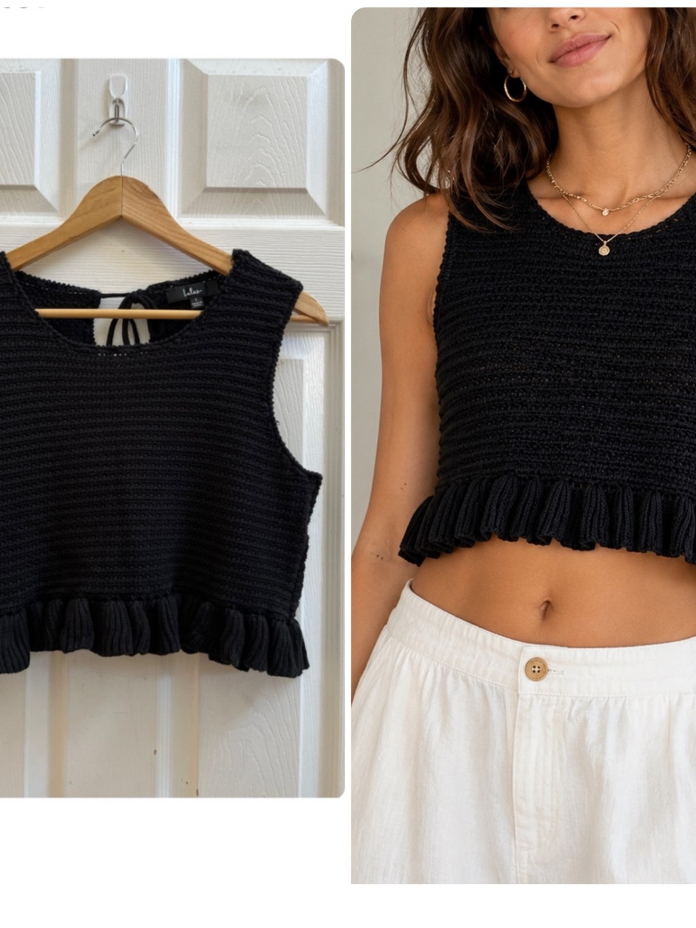 Lulus Black Crochet Knit Sweater Crop Tank Top Ruffle Trim Large Festival Vacay